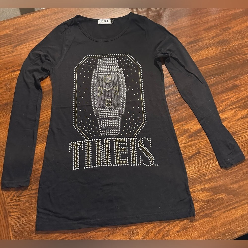 🔥New POL black long sleeve t shirt with bling. Watch face in sliver and gold.